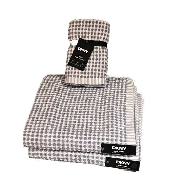 DKNY Light Blue & White Gingham Check Towels 2 Bath & 2 Hand Towels Set Of 4 New - Picture 1 of 7